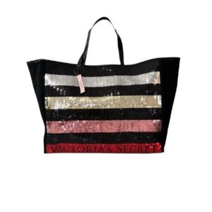 NEW Victoria Secret Sequin Striped Tote Weekend Overnight Gym Travel Beach Bag